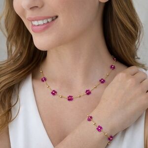 Fuchsia Blossom Gold-Tone Necklace & Bracelet Set